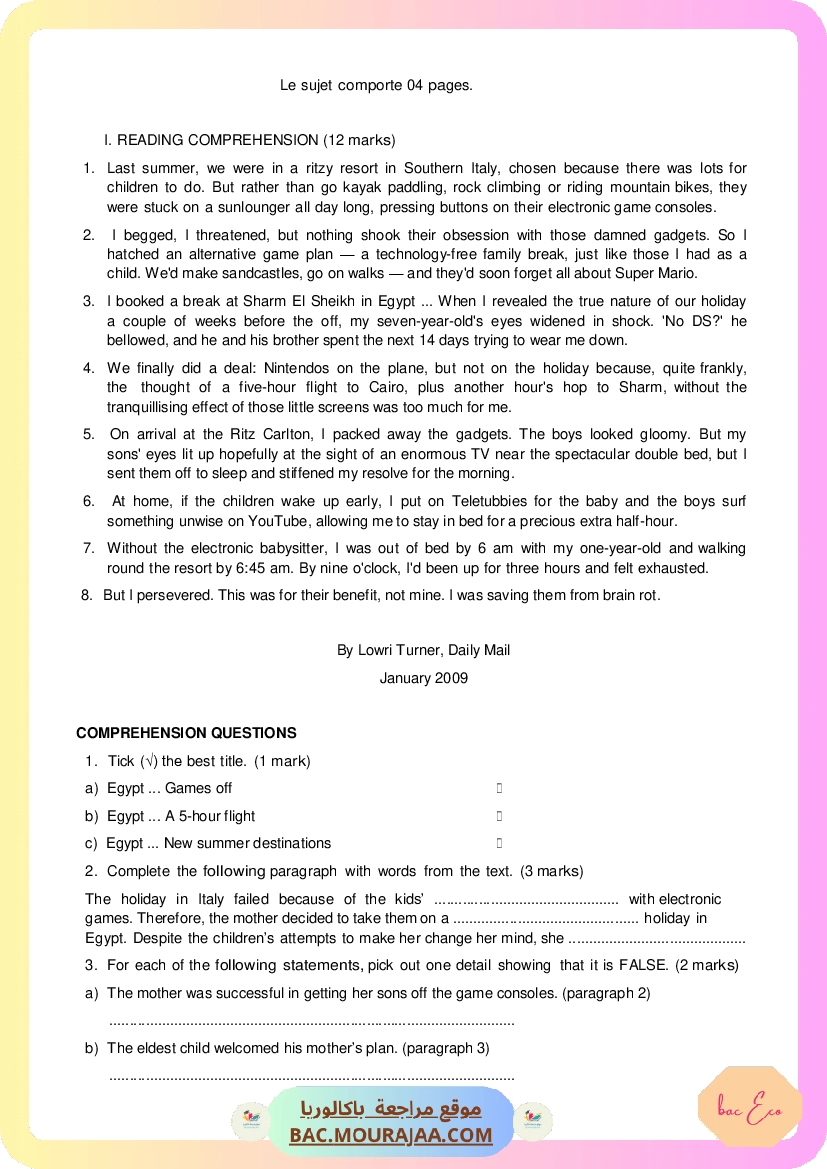 Corrigé controle anglais Bac 2014 – Section eco